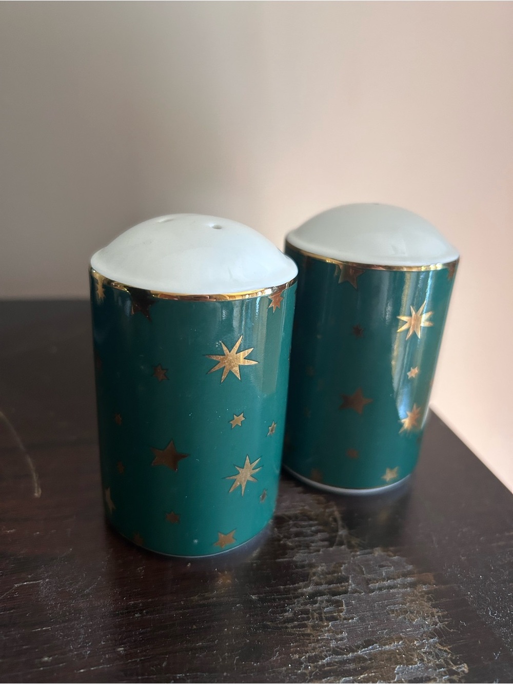Galaxy by Sakura gold & green star print fine porcelain salt and pepper shakers